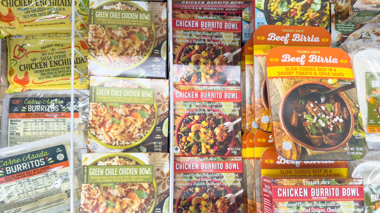 Selection of Trader Joe's frozen meals in freezer