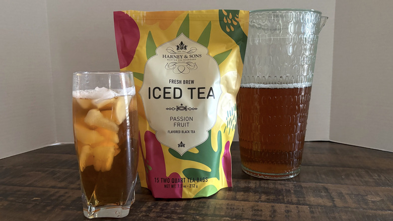 Harney & Sons Passion Fruit iced tea in package, glass, and pitcher.