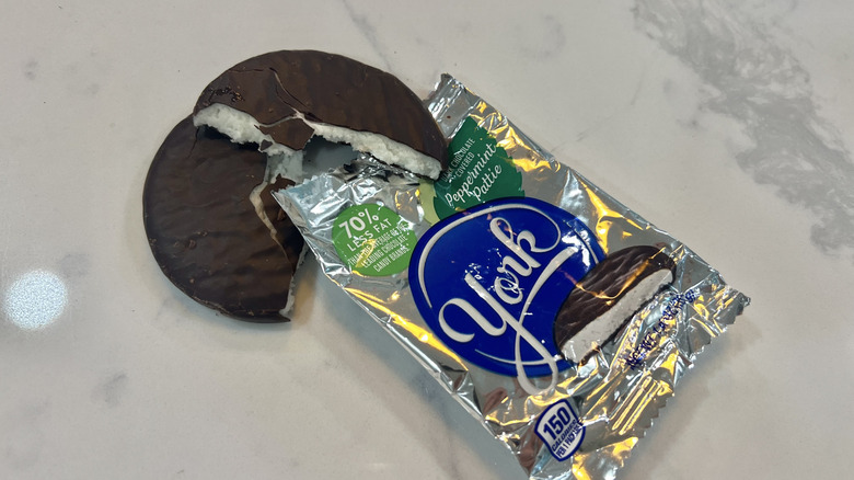 York Peppermint Patty split in half.
