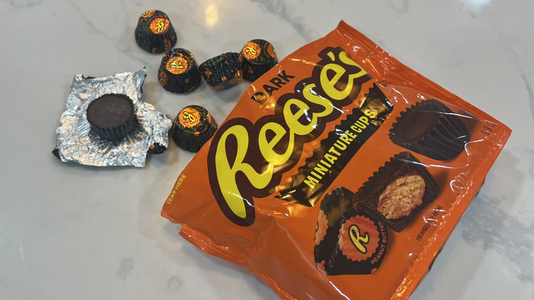 Reese's dark chocolate mini cups coming out of bag.
