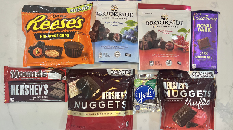 9 different Hershey's dark chocolate products.