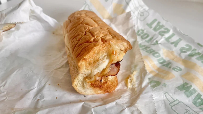 Black Forest Ham, Egg, and Cheese sandwich on Subway wrapper
