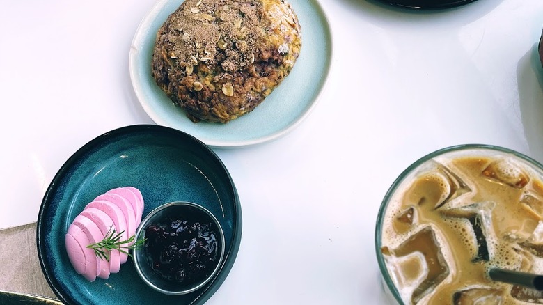 Boiled egg and lingonberry plate with rye pastry