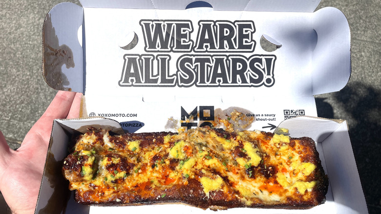 Moto Pizza shrimp Detroit pie in box