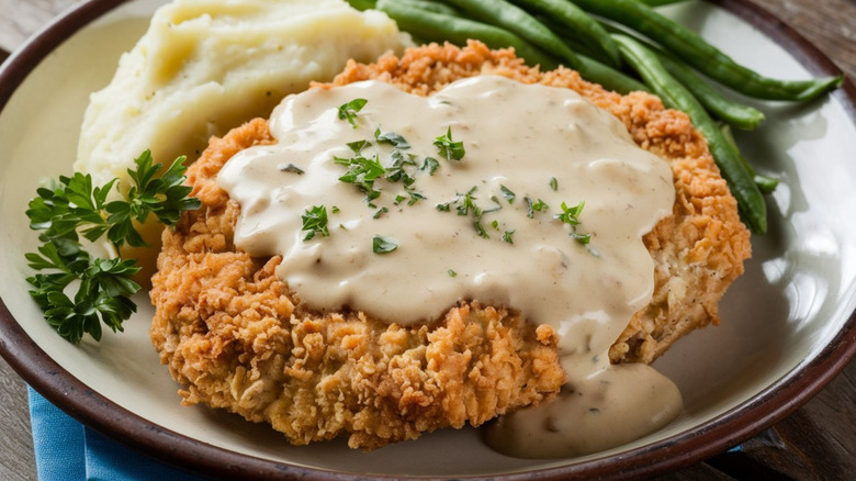 chicken fried steak with gravy mashed potatoes and beans on a white plate