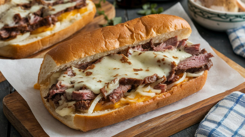 philly cheesesteak stuffed in a hoagie roll kept on butter paper on a wooden platter
