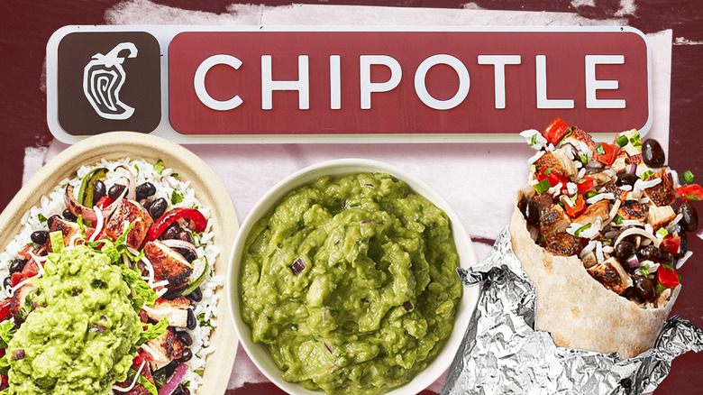 Chipotle sign with burrito bowl, guacamole, and wrapped burrito on red background