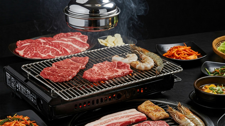 Korean BBQ setup with meats and vegetables against a dark background