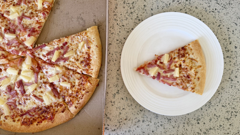 Hula Hawaiian pizza box on a counter