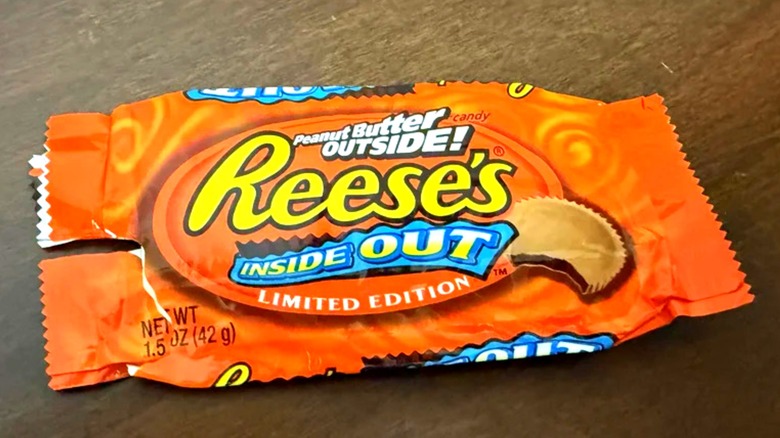 An empty wrapper of Reese's Inside Out peanut butter cups