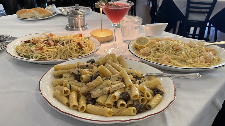 Assortment of Maggiano's pasta dishes on a table