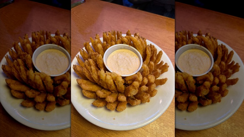 Texas Roadhouse Cactus Blossom on white plate with sauce in middle