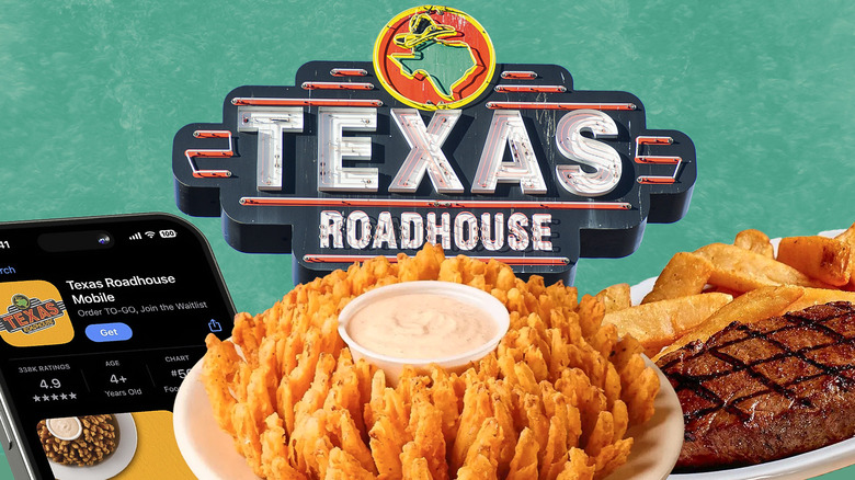 Texas Roadhouse sign with app, Cactus Blossom, and sirloin steak on white plate
