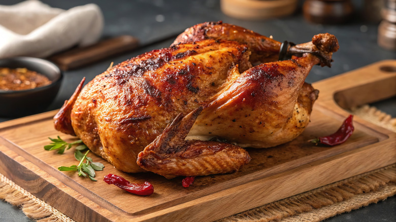 Whole roast chicken on wooden cutting board