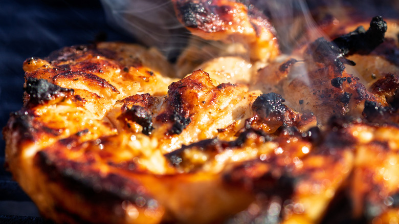 grilled pork chop, shown close up, with a thick rind of charred fat at the near edge