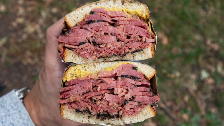 Hand holding a cut pastrami sandwich with mustard