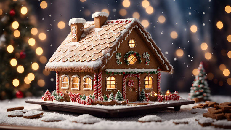 Gingerbread house with solid base surrounded by Christmas lights