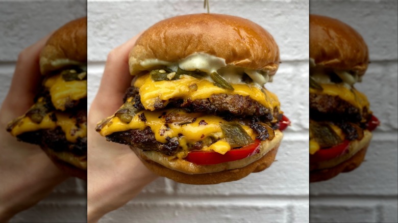 Hand holding Buffalo Wild Wings burger against white wall