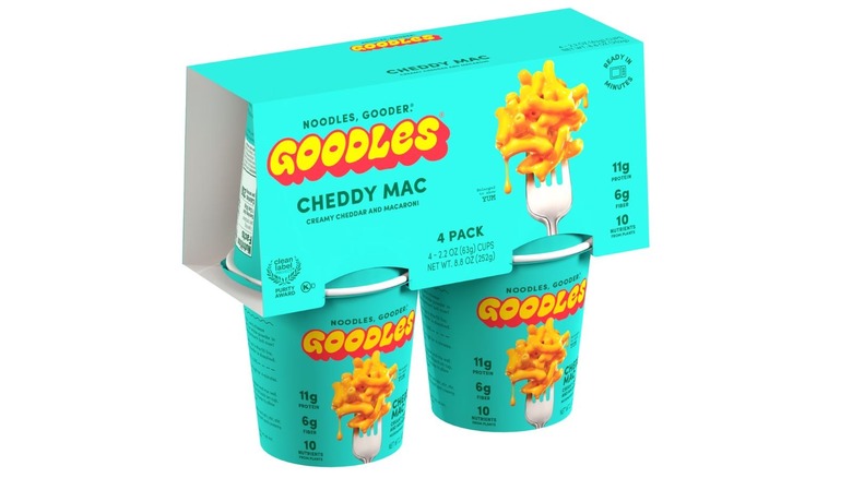 A four pack of Goodles Cheddy Mac macaroni and cheese
