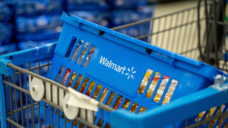 Closeup of a Walmart cart with a basket inside it