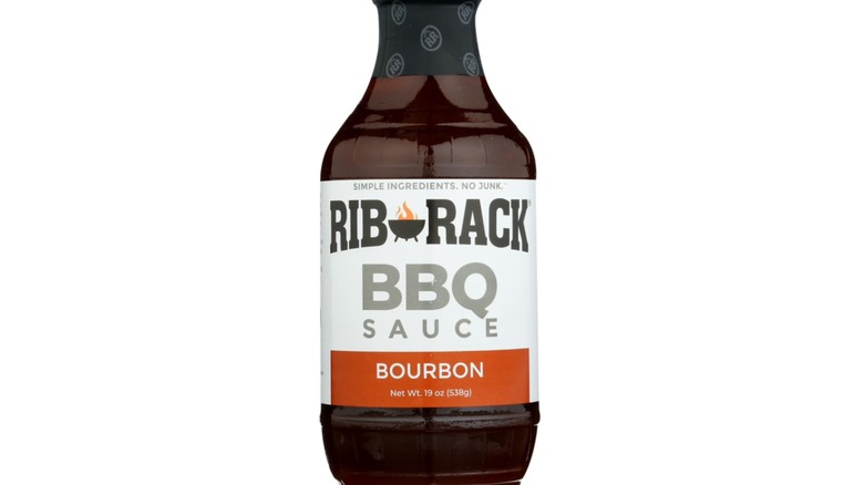 A bottle of Rib Rack barbecue sauce in the bourbon flavor