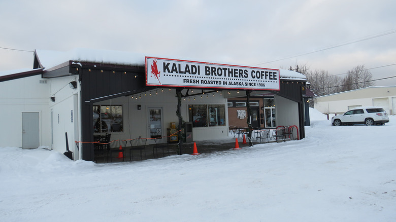 Exterior of Kaladi Brothers Coffee location in snow-covered Alaska