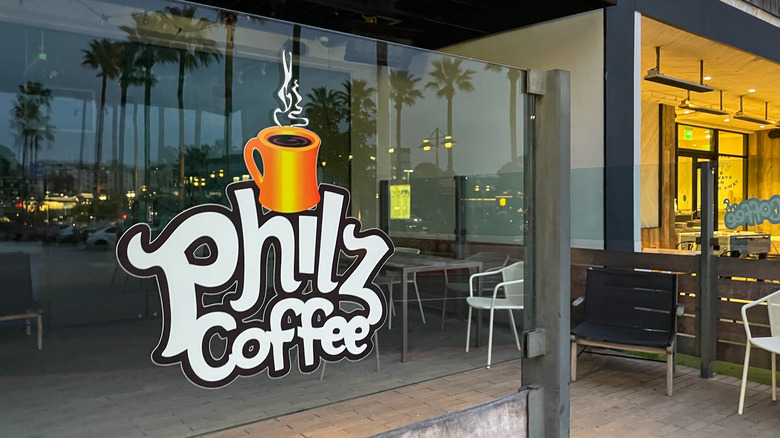 Philz Coffee logo on window of shop in California