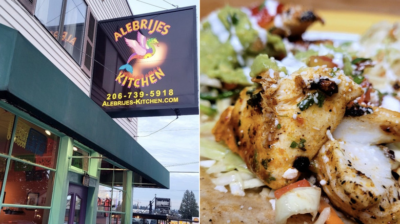 Alebrijes Kitchen Seattle taco shop exterior and fish tacos