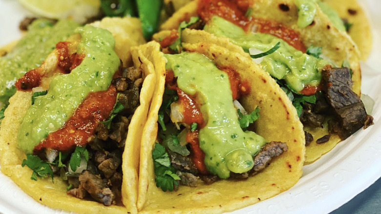 White plate of corn tortilla tacos with salsa