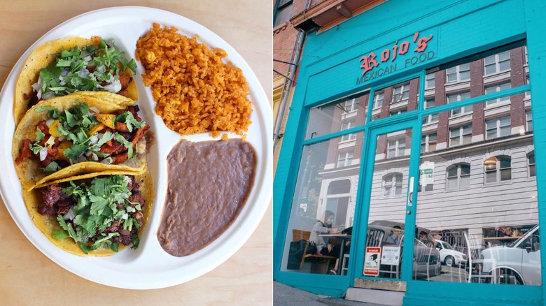 Plate of three tacos to left and Rojo's exterior on right