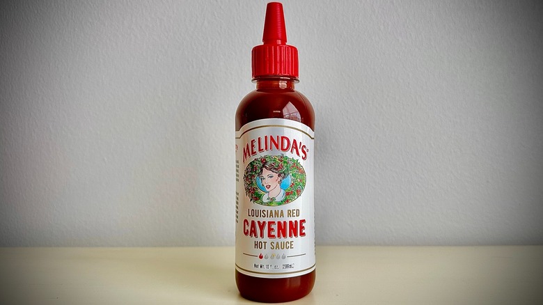 An unopened bottle of Melinda's Louisiana Red Cayenne Hot Sauce