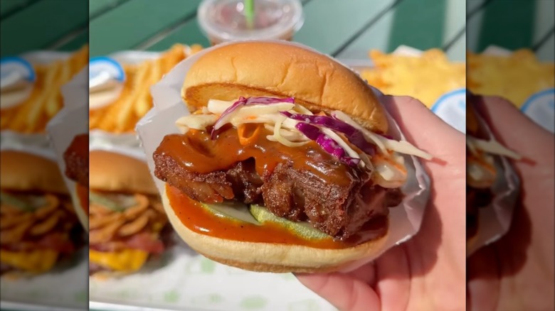 Hand holding Shake Shack BBQ Boneless Baby Back Rib Sandwich