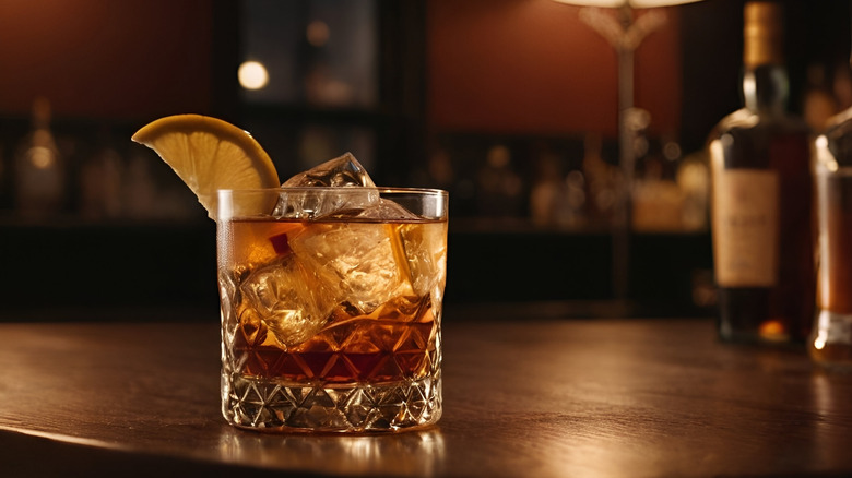 old fashioned cocktail on a wooden bar top