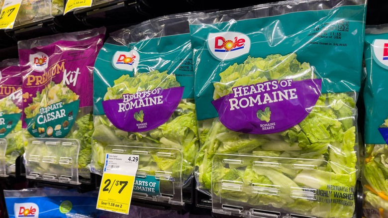 Dole bagged romaine salad lettuce on display at grocery store
