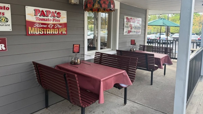 Outdoor seating area at Papa's Tomato Pies pizzeria