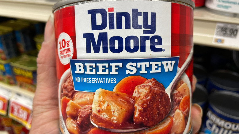 Hand holding Dinty Moore beef stew