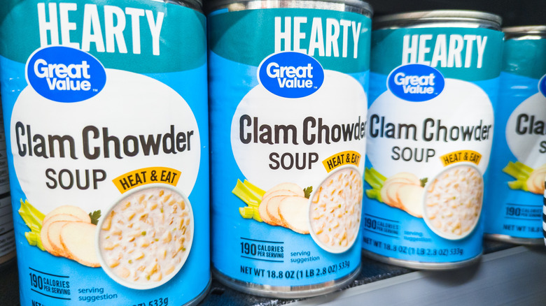 cans of Great Value clam chowder soup