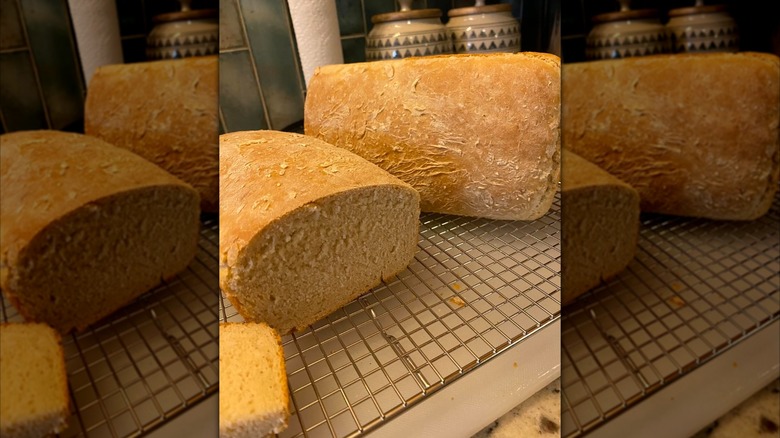 sliced Salt rising bread on grill, mirrored image