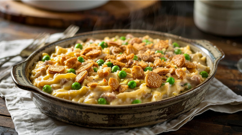 Tuna noodle casserole in a baking dish
