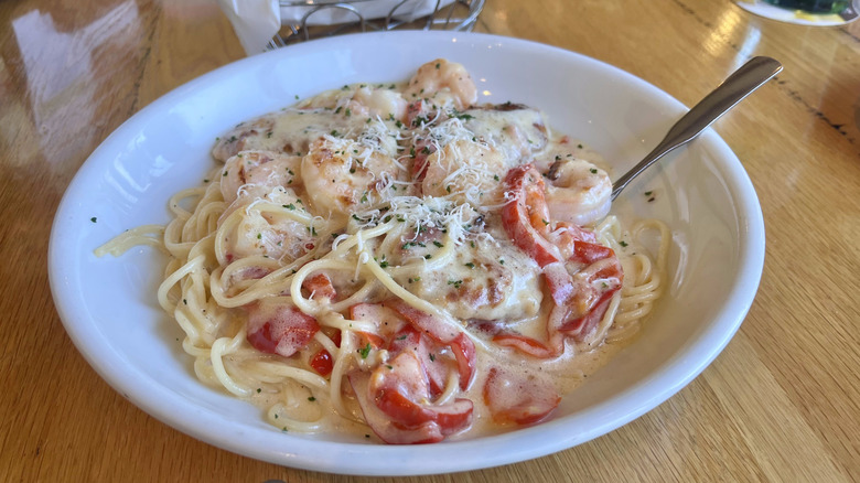 Chicken and Shrimp Carbonara in a dish