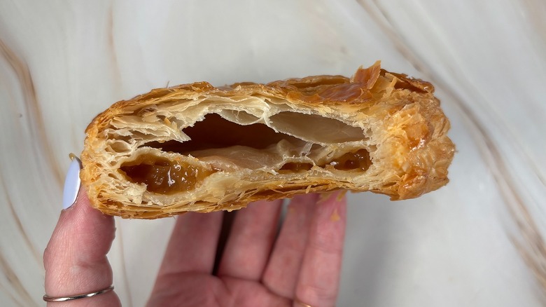 Hand holding apple turnover with bite taken out of it