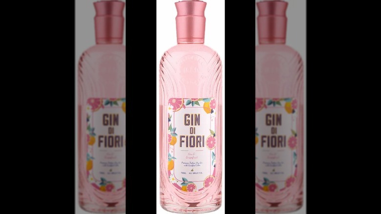 A simple product shot of Fratelli Vincenzi Gin di Fiori Grapefruit Gin on a plain black background