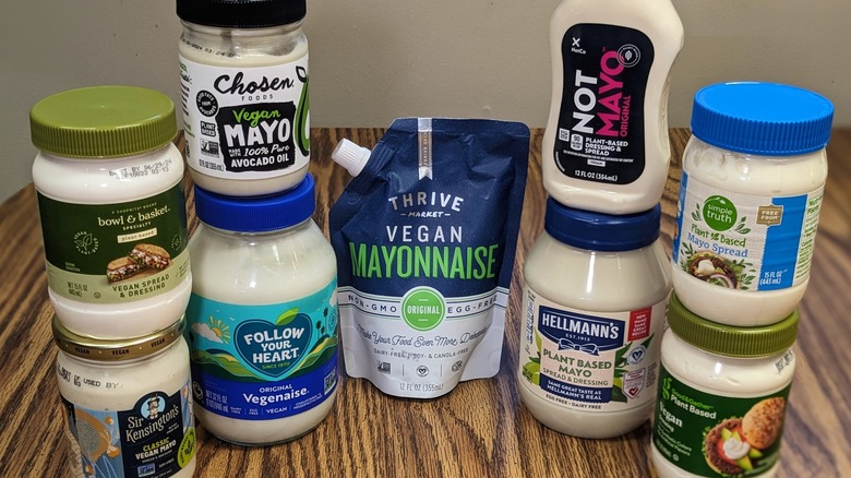 nine vegan mayos stacked