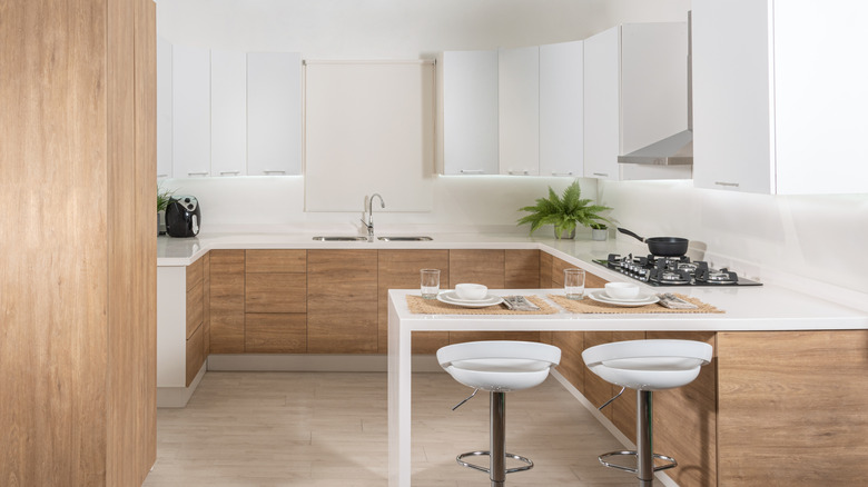 Modern looking kitchen with white quartz countertops