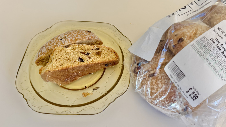 Sprouts Mini Pumpkin Chocolate Chip Soda Bread sliced on a plate