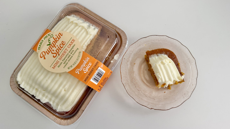 One piece of Trader Joe's Pumpkin Sheet Cake on a plate