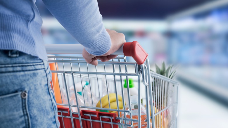 Shopper pushing cart in grocery store