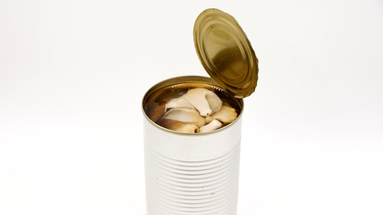 Canned mushrooms on white background