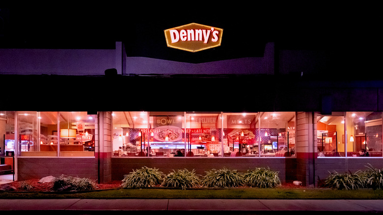 Looking through the windows to Denny's at night