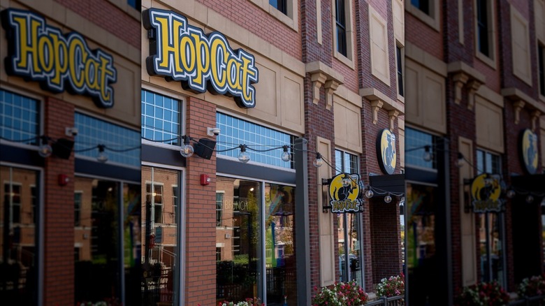 Lights and flowers line the street outside HopCat's exterior